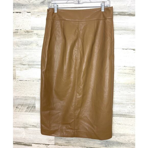 Elie Tahari Womens 8 Tan Vegan Faux Leather Midi Pencil Skirt - Picture 2 of 5